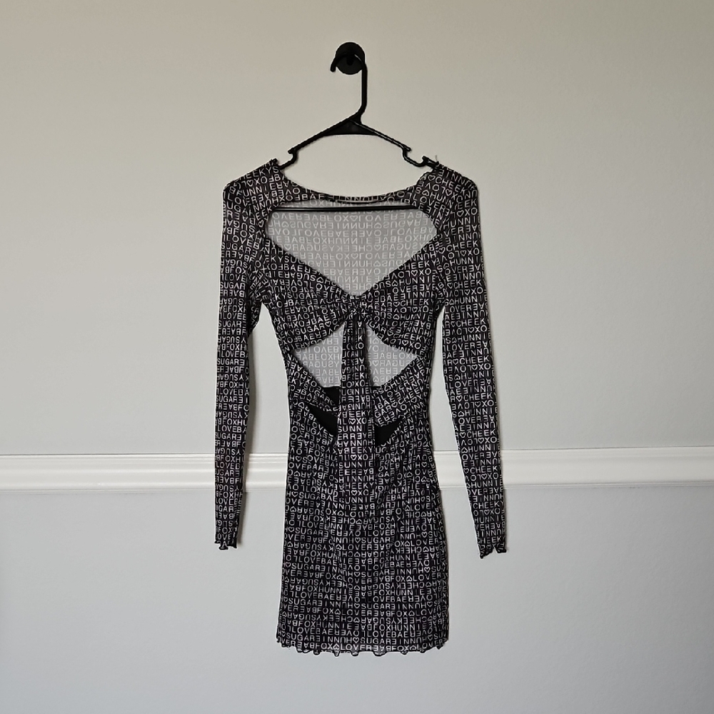 Princess Polly Text Me Mini Dress 2 Black White Patterned Slim Fit Sheer Mesh - Picture 10 of 16